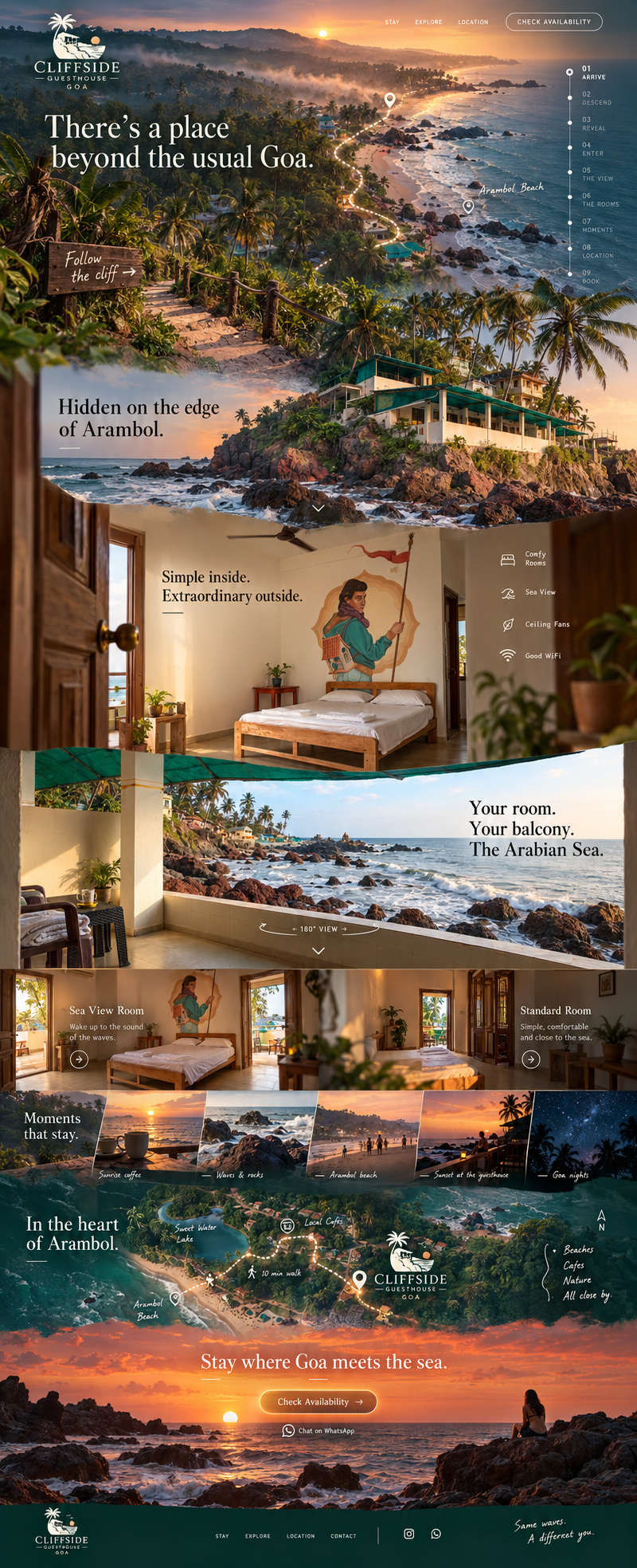 Cliffside Guesthouse Goa — a visual journey from Arambol beach to the cliffside rooms, balcony, local moments and location.